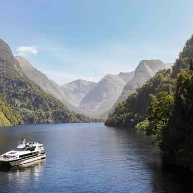 A cruise boat in a narrow fiord arm between forested slopes